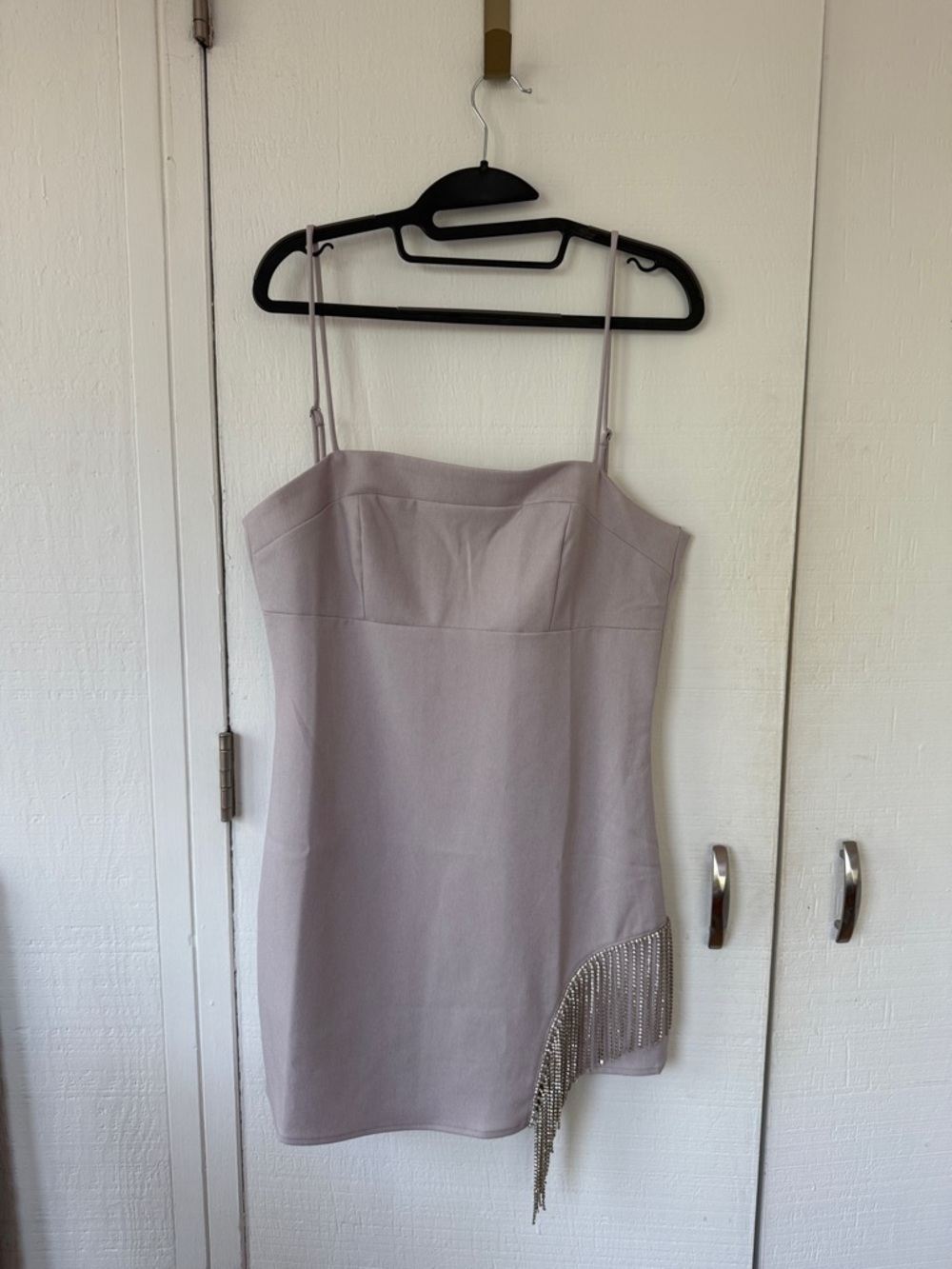 Lilac Spaghetti Strap Mini Dress with Rhinestone Fringe Accent